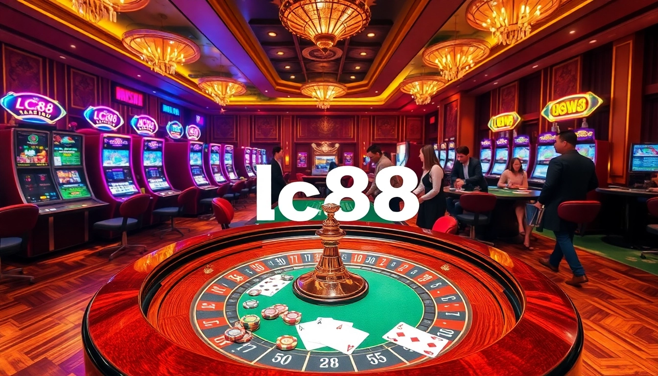Exciting roulette game scene at lc88 casino with vibrant slot machines and poker chips.
