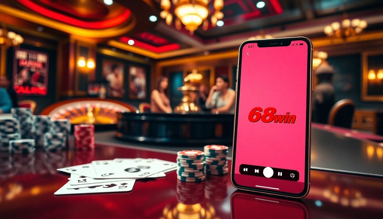 Action-packed moment showcasing 68win with poker chips and cards on a lavish casino table.