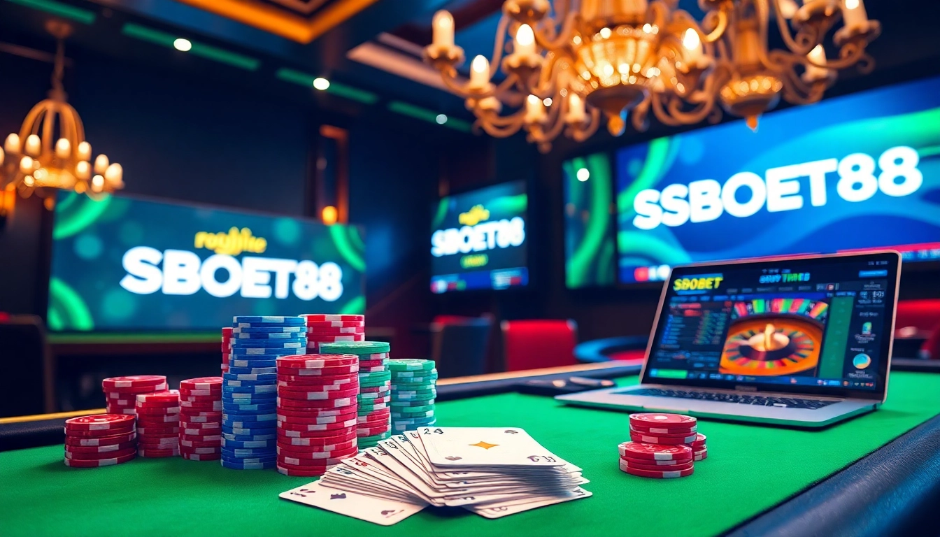 SBOBET88 betting table with poker chips and cards, creating an exciting casino atmosphere.