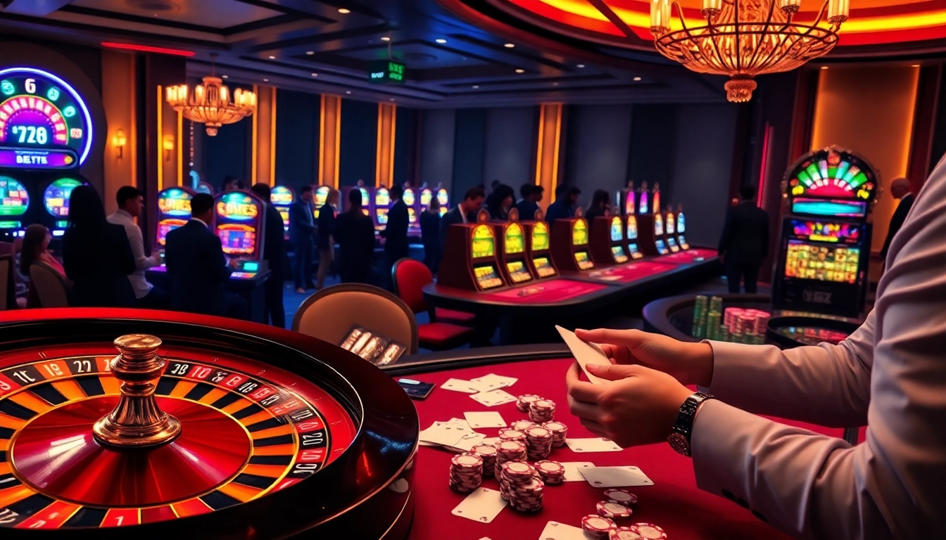 Experience the thrill of nk88 with vibrant slot machines and an elegant dealer in a luxurious casino.