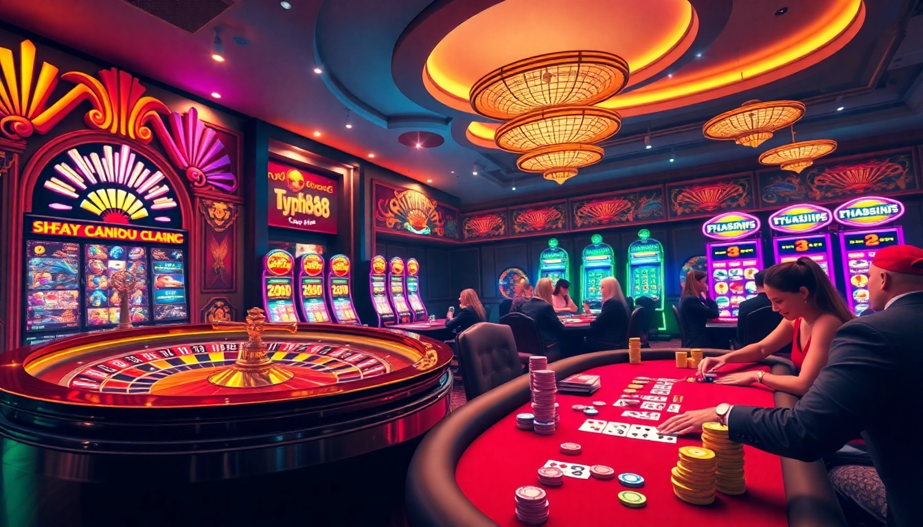 Exciting Typhu88 casino atmosphere with roulette, slots, and enthusiastic players.