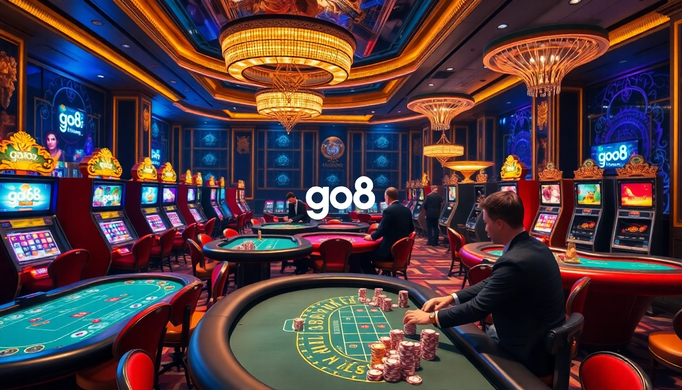 Experience exciting gameplay at Go8 casino tables with vibrant slot machines and colorful poker chips.