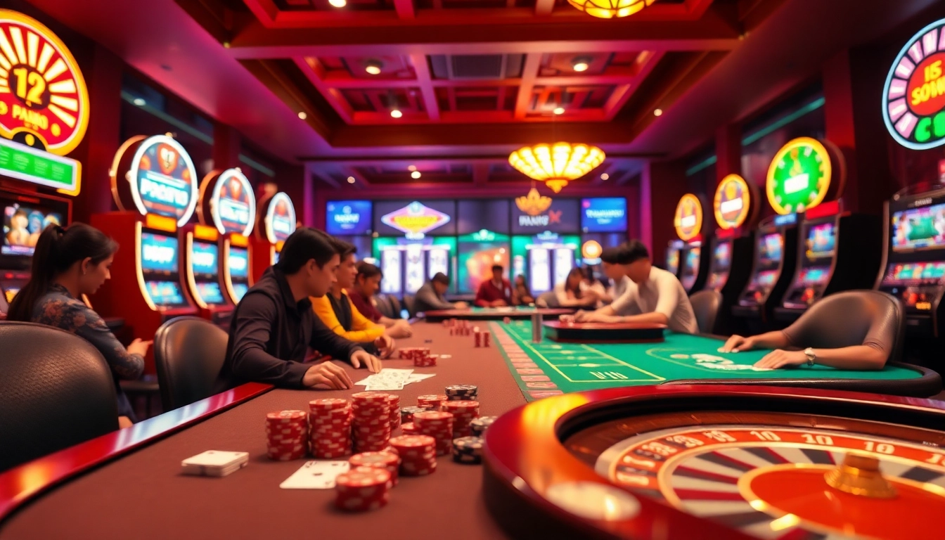 Nhatvip uy tín 2026 showcasing a vibrant online casino atmosphere with engaging players and classic games.