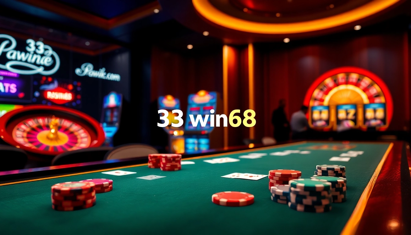 33win68 casino scene with vibrant gaming tables, roulette, and engaging online players.