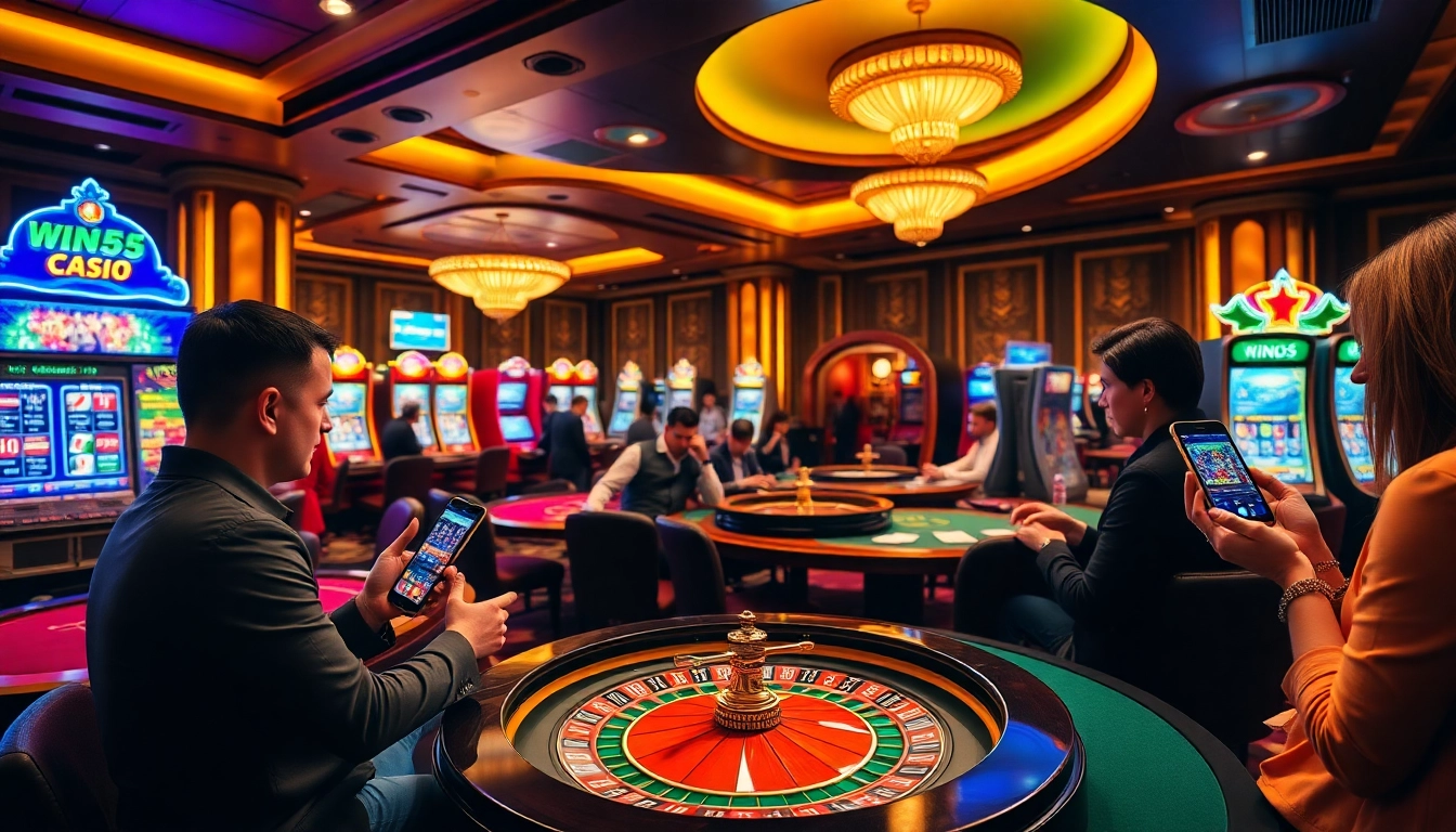 Players engaged with the win55 app in a luxurious casino environment, showcasing excitement and professionalism.