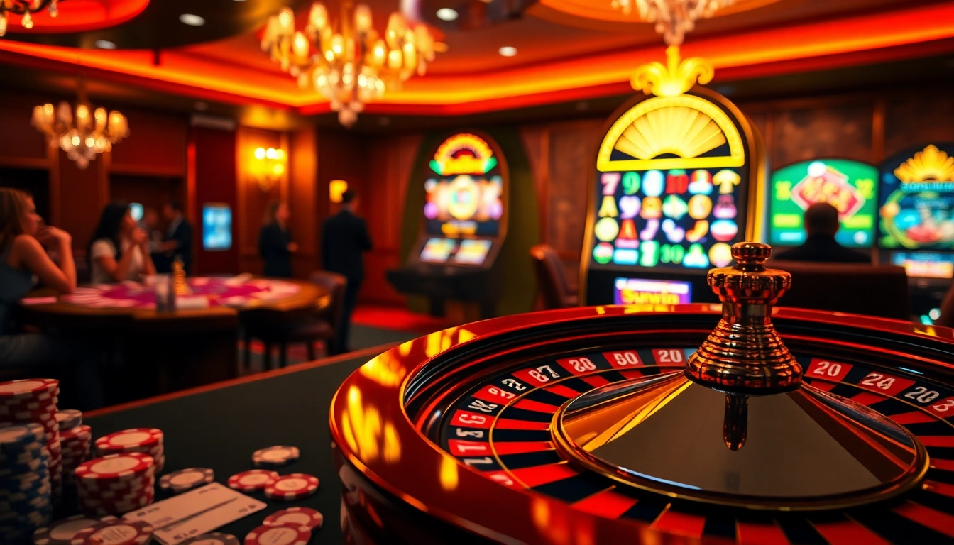 Exciting gambling scene at sunwin casino featuring a roulette wheel and poker chips.