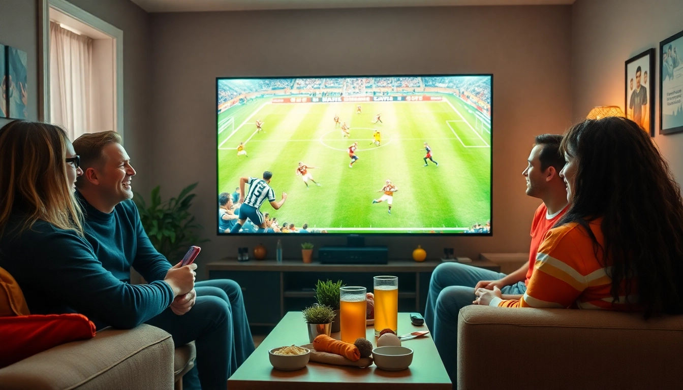 Excited fans enjoying a football match on okwintv in a cozy living room setting.