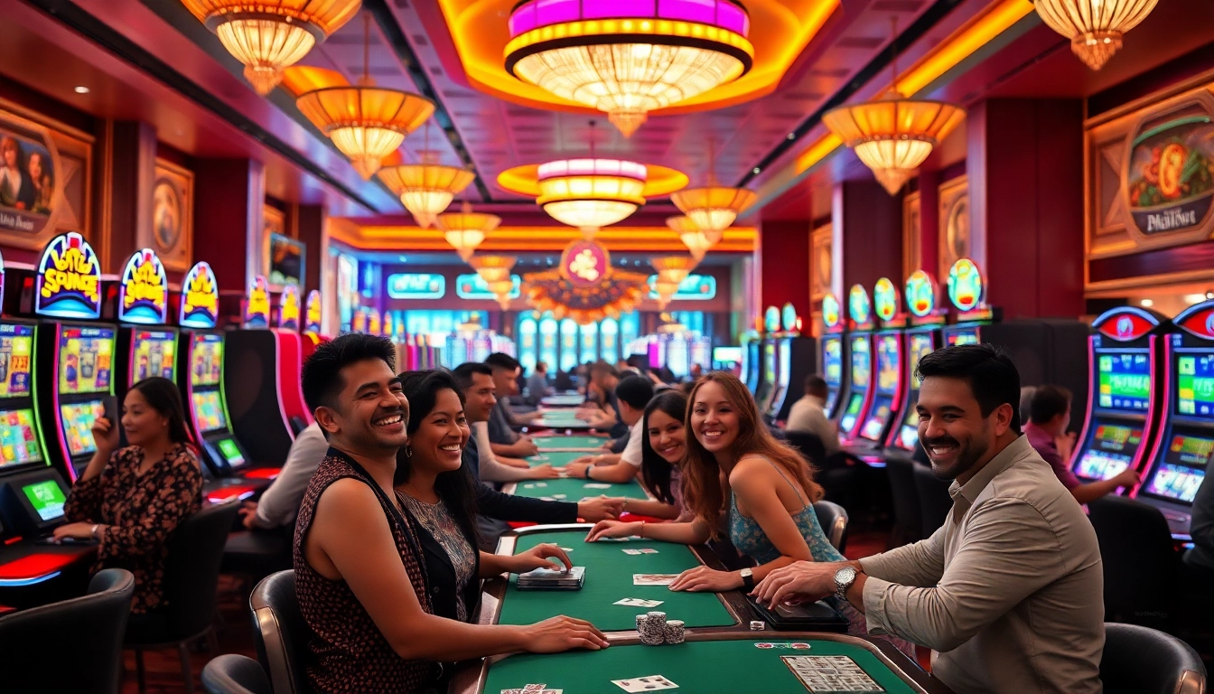 Players enjoying various games at AT99娛樂 casino, surrounded by vibrant slot machines.