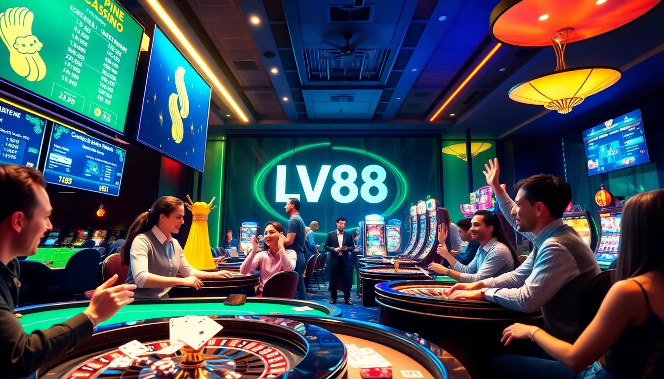 Exciting LV88 online casino scene with players enjoying baccarat and slots.