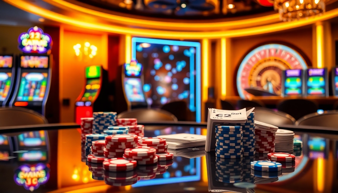 Experience exciting online gaming strategies at E2bet with vibrant poker chips and casino tables.