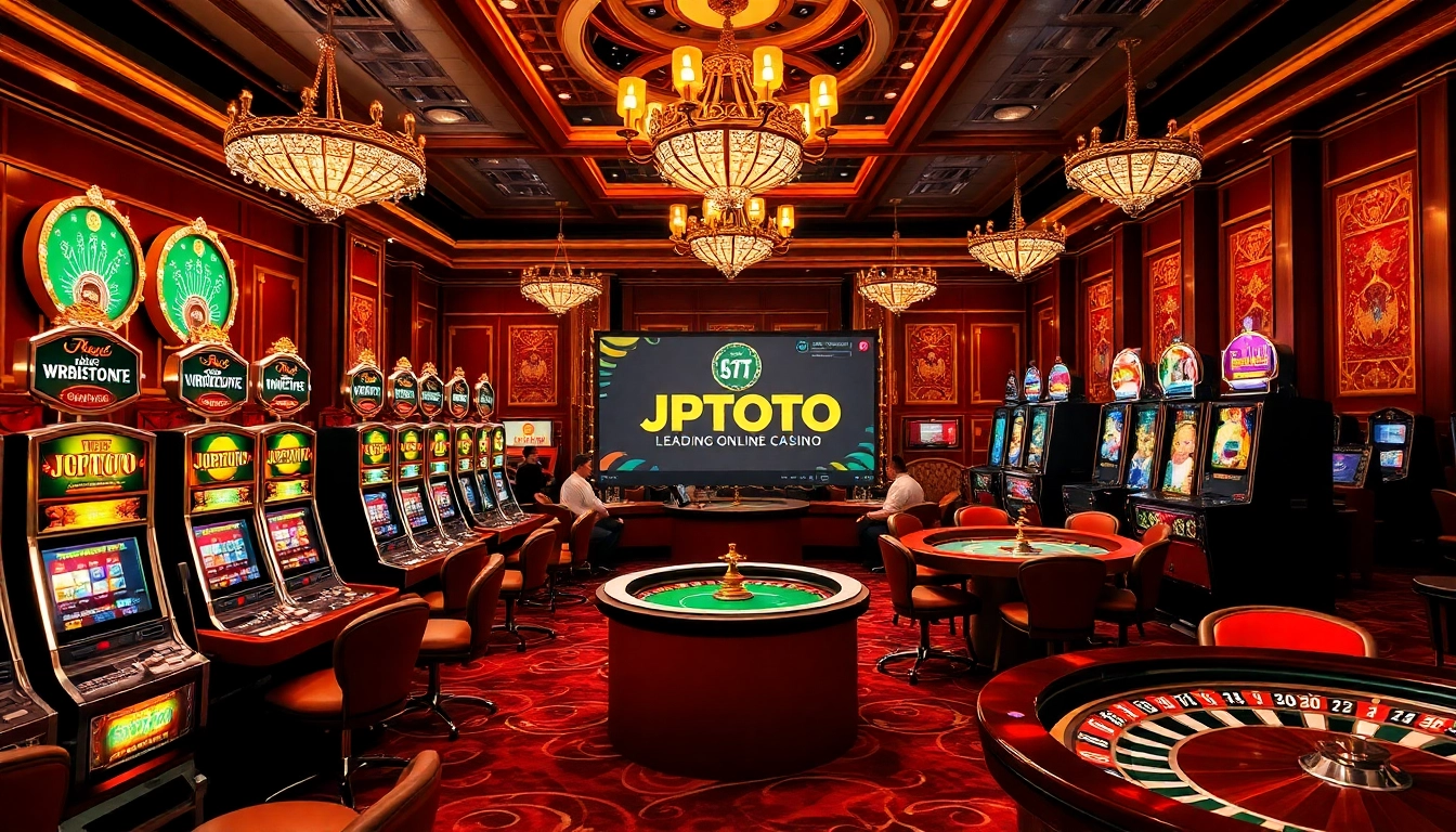 Rasakan keseruan JPTOTO dengan mesin slot yang cerah dan suasana kasino yang hidup.