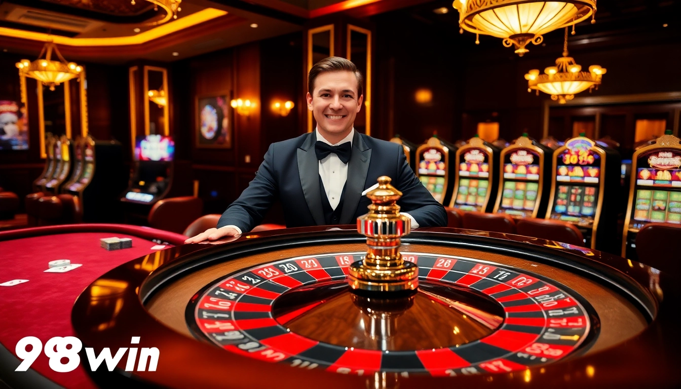Experience the excitement of 98win with elegant casino tables and vibrant slot machines.