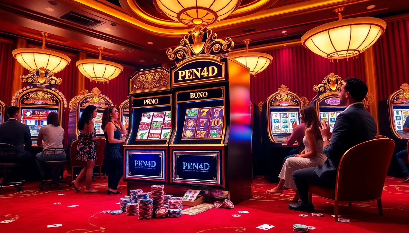 PEN4D slot machine with enthusiastic players and vibrant casino atmosphere, showcasing excitement.