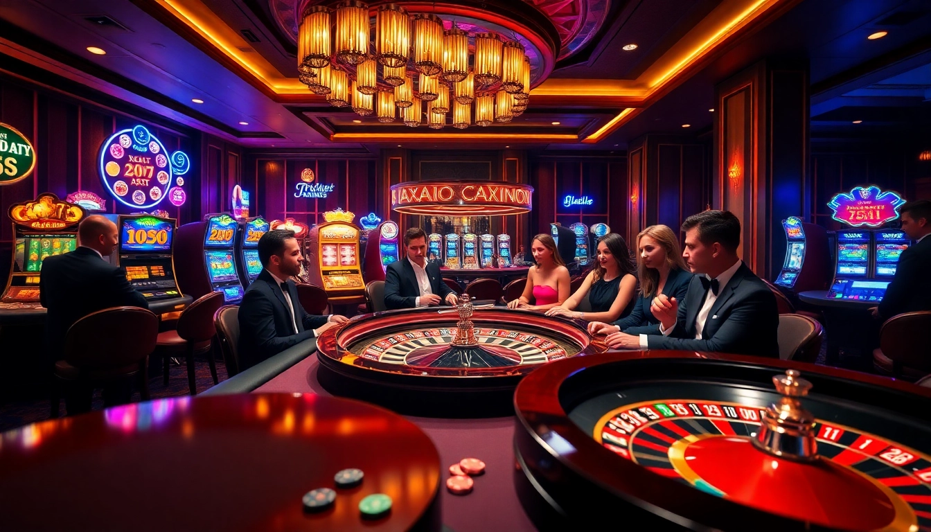 Experience the excitement of cucu777 with a luxurious casino scene featuring poker, roulette, and vibrant players.