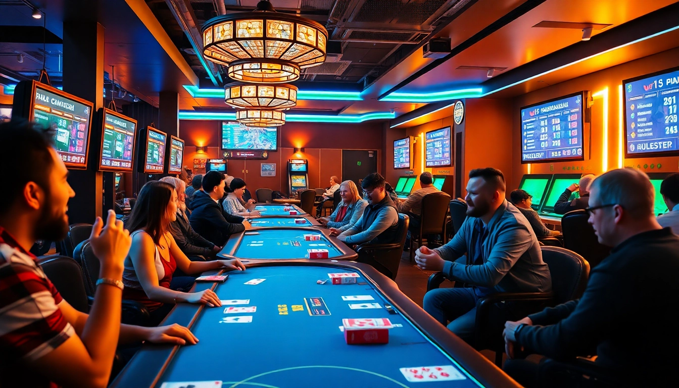 Engaged players at HITCLUB enjoying card games in a vibrant gaming lounge