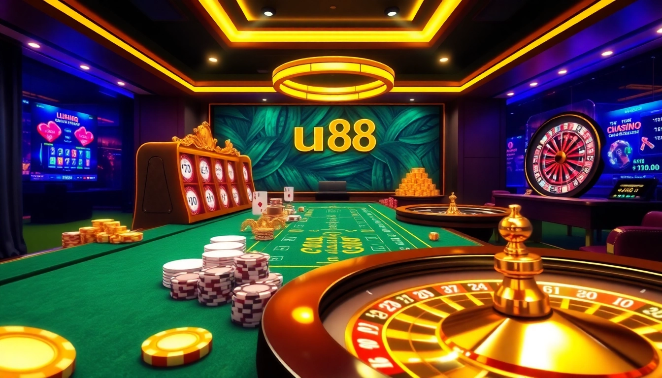 An engaging gambling scene with casino tables and colorful chips highlighting uu88, showcasing luxury and excitement.
