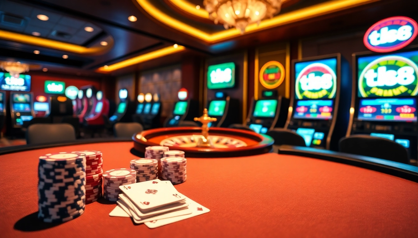 Experience thrilling poker action at tk88 casino with colorful chips and cards on a luxury table.