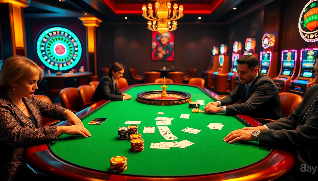 8day poker players engaged in a high-stakes game at a luxurious casino table.