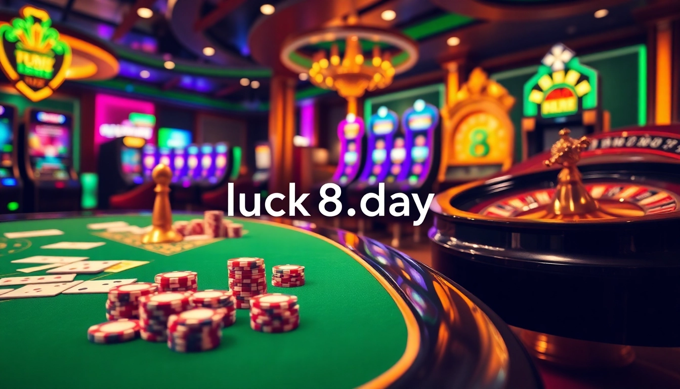 Feel the excitement at luck8.day's luxurious casino with vibrant tables and online betting interfaces.