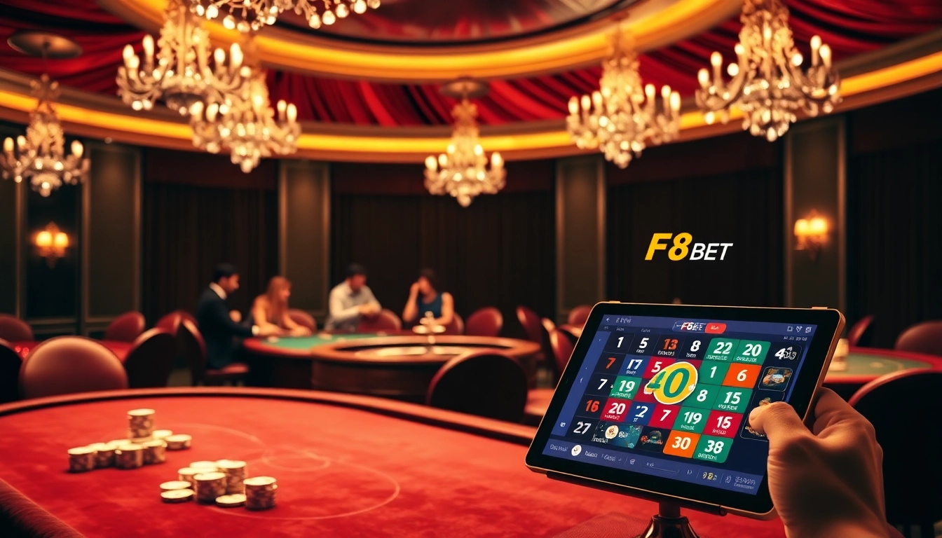 Experience the thrill of F8 BET at a luxurious casino table, engaging in poker and roulette.