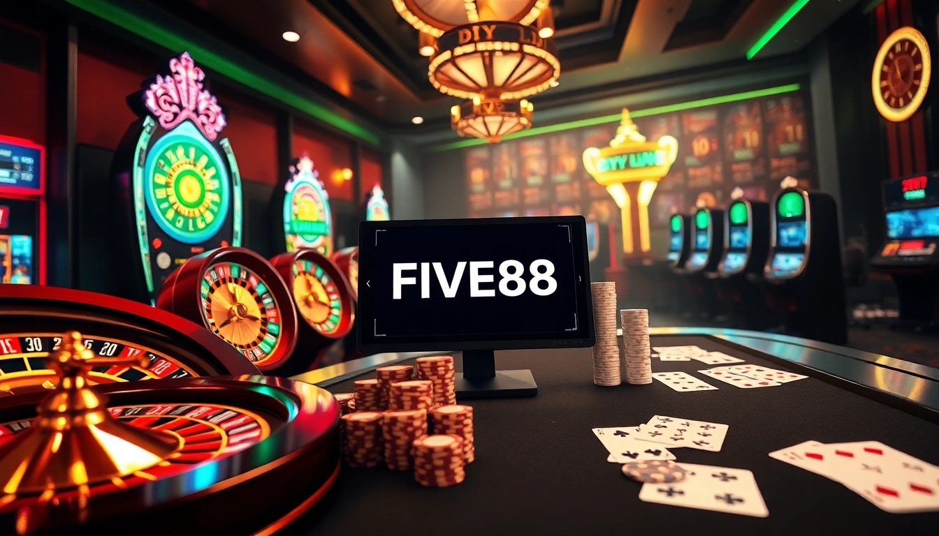 link vào five88 experience with vibrant casino elements like roulette wheels and slot machines.