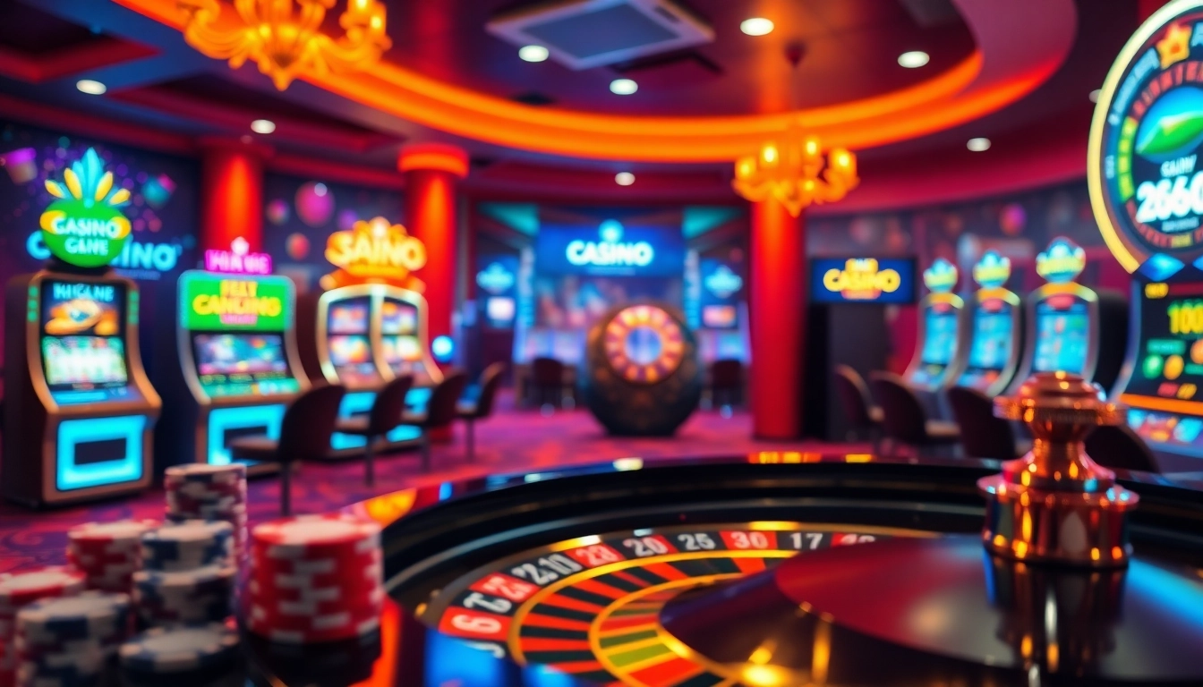 Experience the thrill of game bài đổi thưởng in a vibrant online casino setting with poker chips and slot machines.