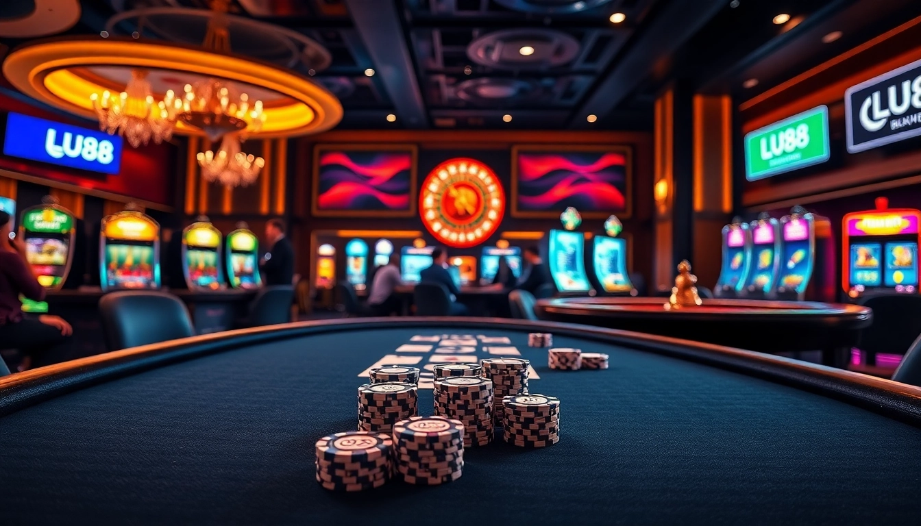 LU88 players engaging in high-stakes poker at a luxurious casino table.