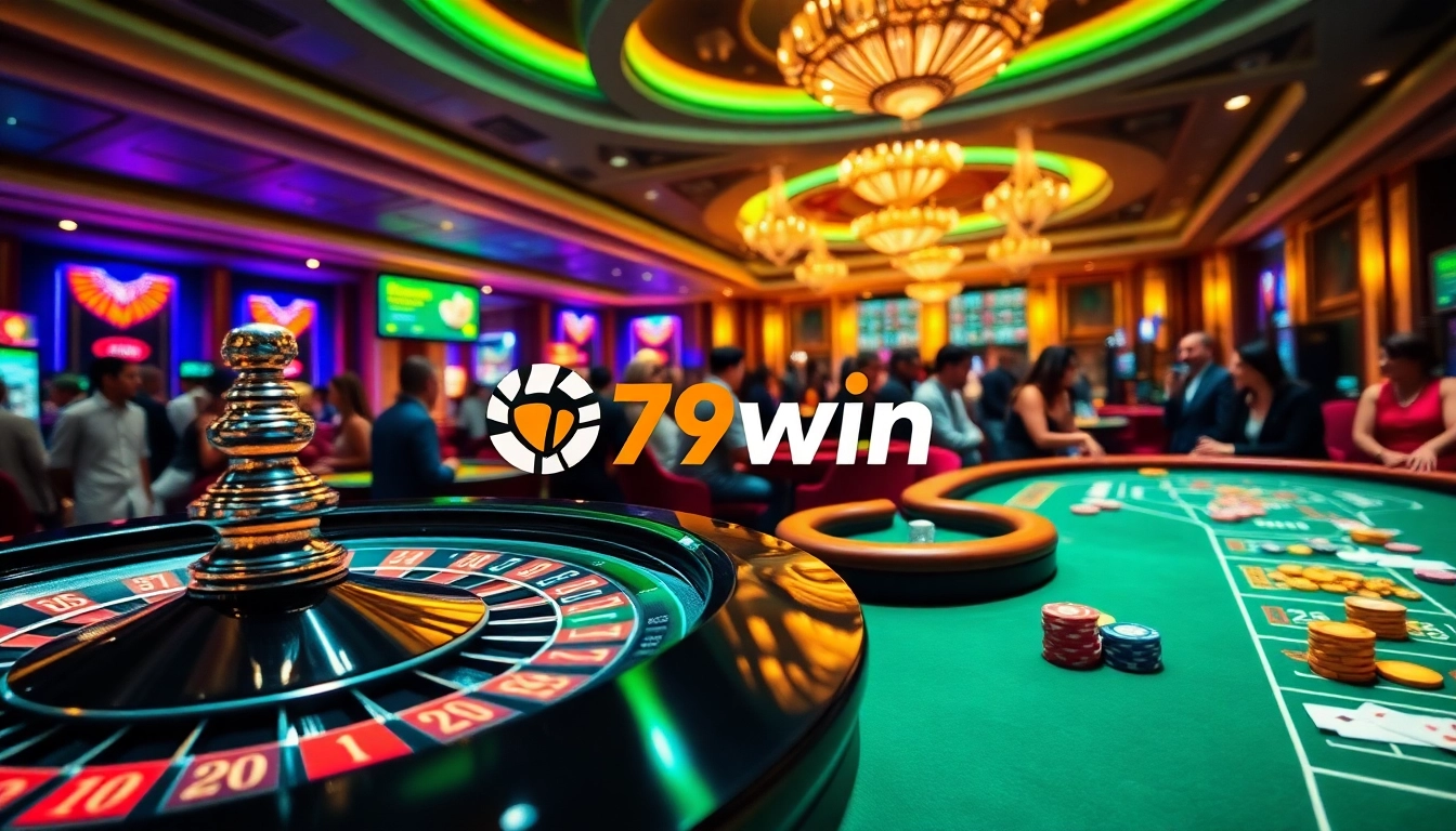 Players celebrating wins at 79win's vibrant casino with roulette and poker tables.