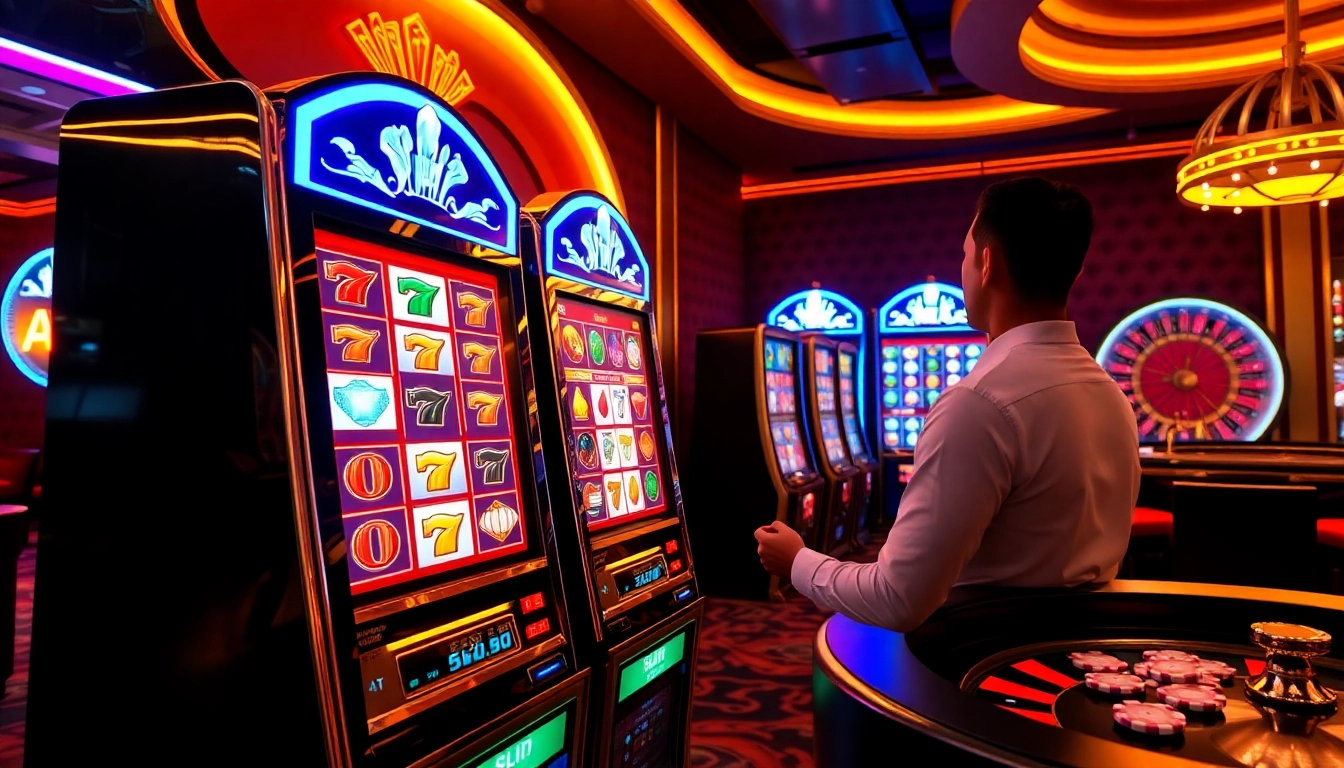 Memainkan apk slot terbaru di kasino mewah, dikelilingi oleh chip poker dan lampu neon yang cerah.