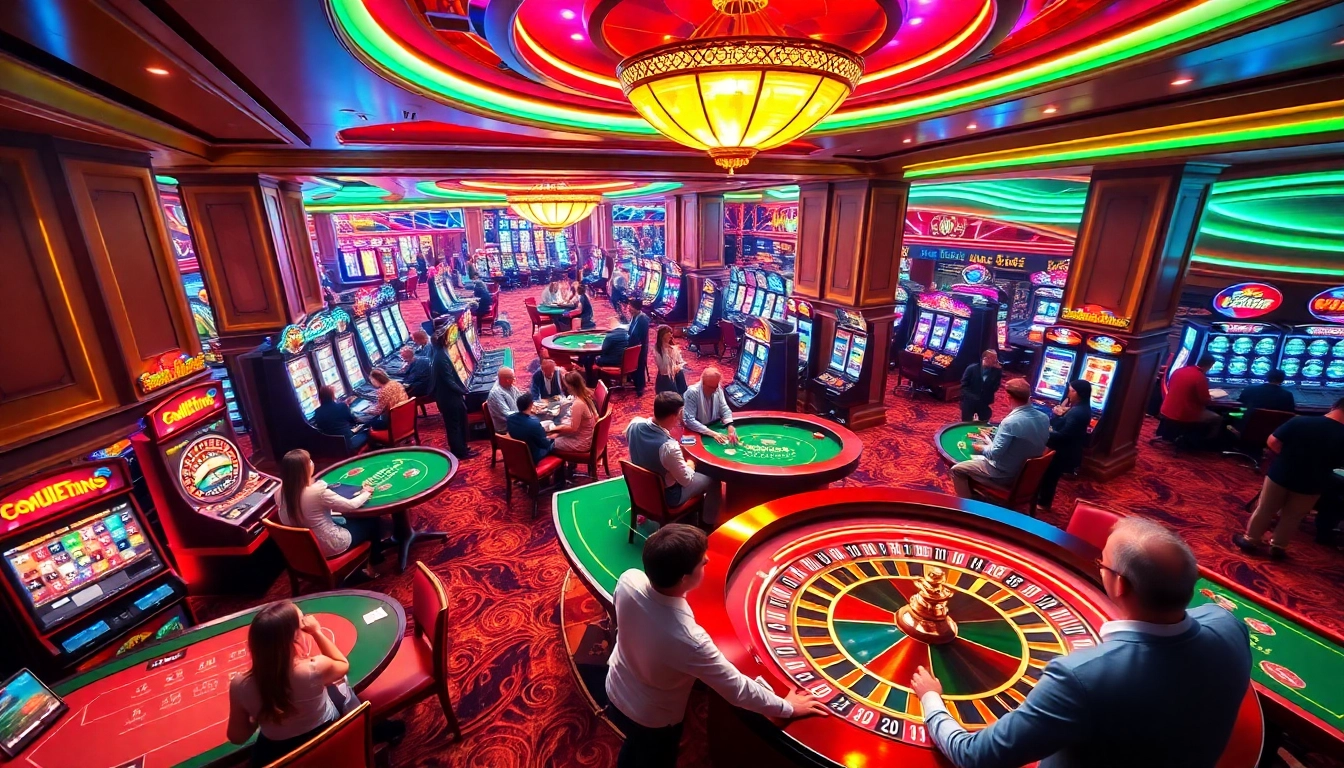 S666 casino scene with vibrant tables, excited players, and colorful slot machines.
