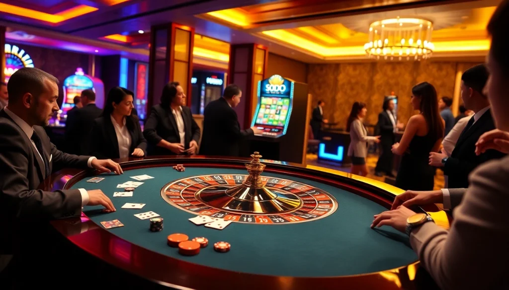SODO CASINO players enjoying an exciting game at a roulette table with vibrant chips and cards.