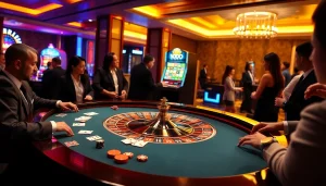 SODO CASINO players enjoying an exciting game at a roulette table with vibrant chips and cards.