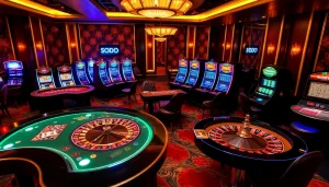 SODO casino players enjoying an exciting game at vibrant gaming tables with roulette wheels.