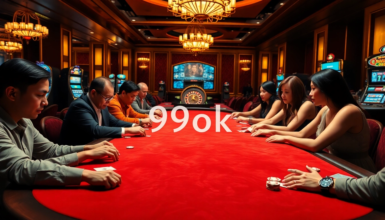 Experience the thrill of gambling with 99ok đăng ký in a luxurious casino setting featuring poker tables and vibrant players.