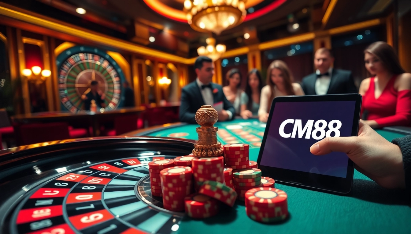 Players strategizing at a high-stakes poker table with CM88 branding prominently featured.