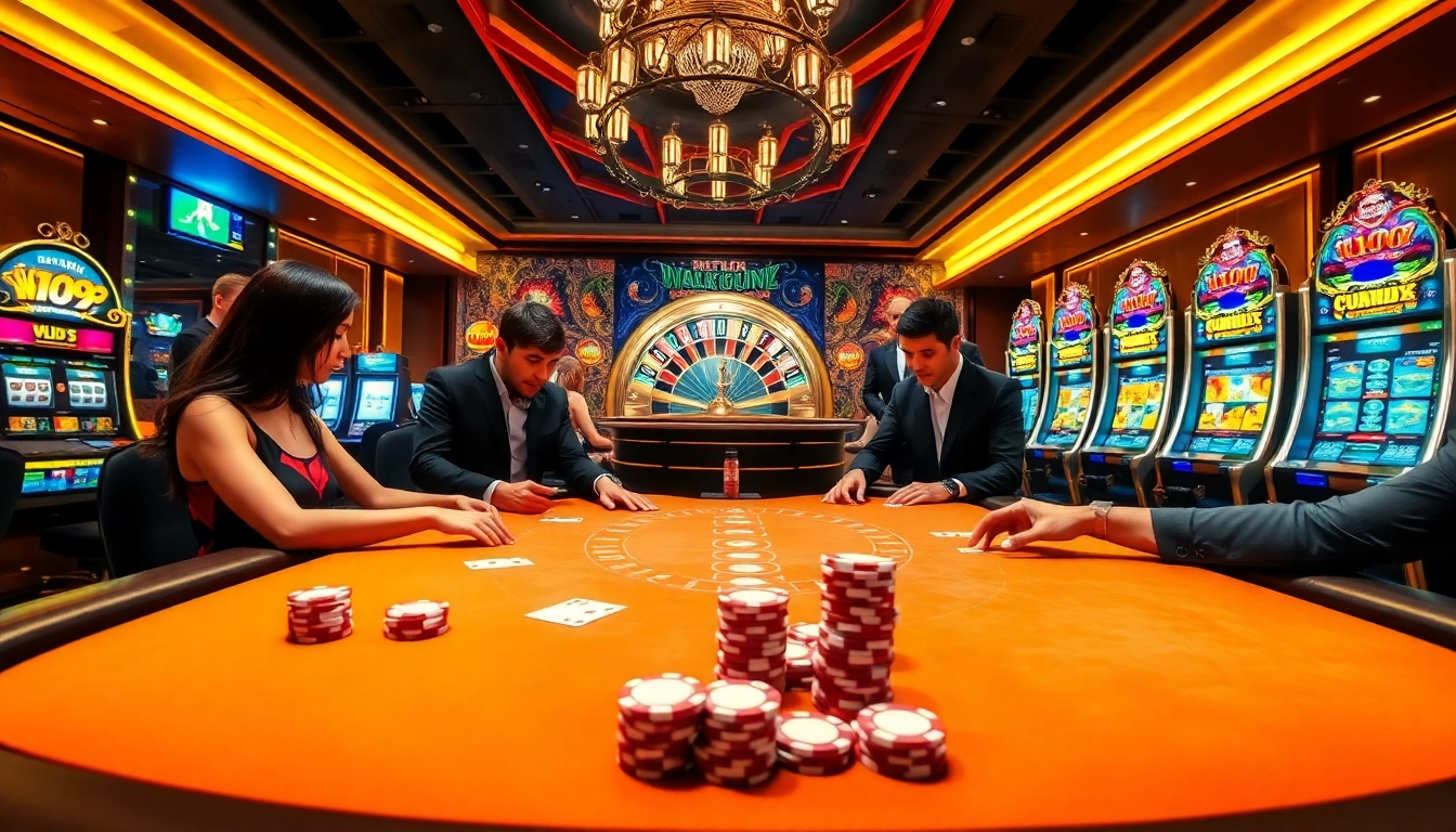 Players enjoying a thrilling blackjack game at https://open88ss.com/ with roulette and slot machines in the background.