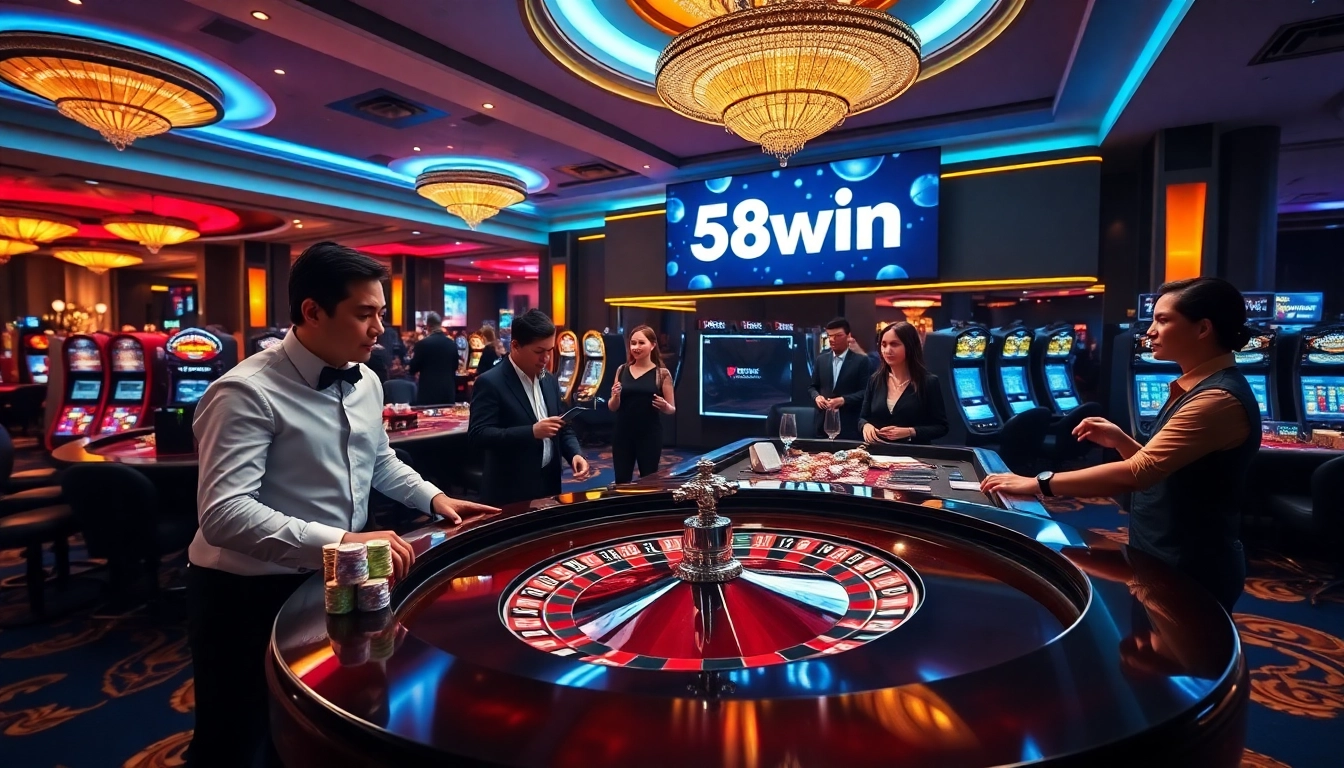 Exciting casino scene showcasing 58win with roulette, poker chips, and slot machines.