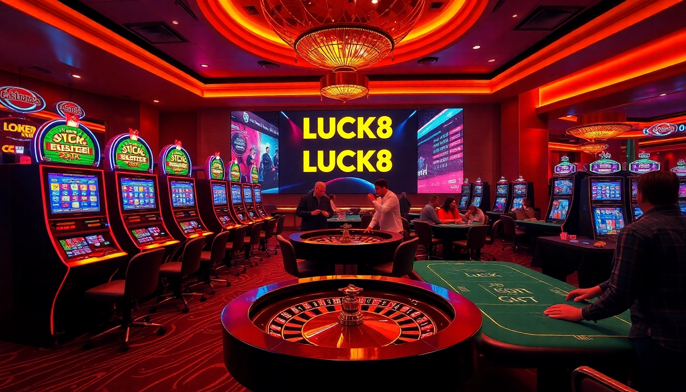 Experience the excitement of LUCK8 casino with vibrant slot machines and a lively poker table.