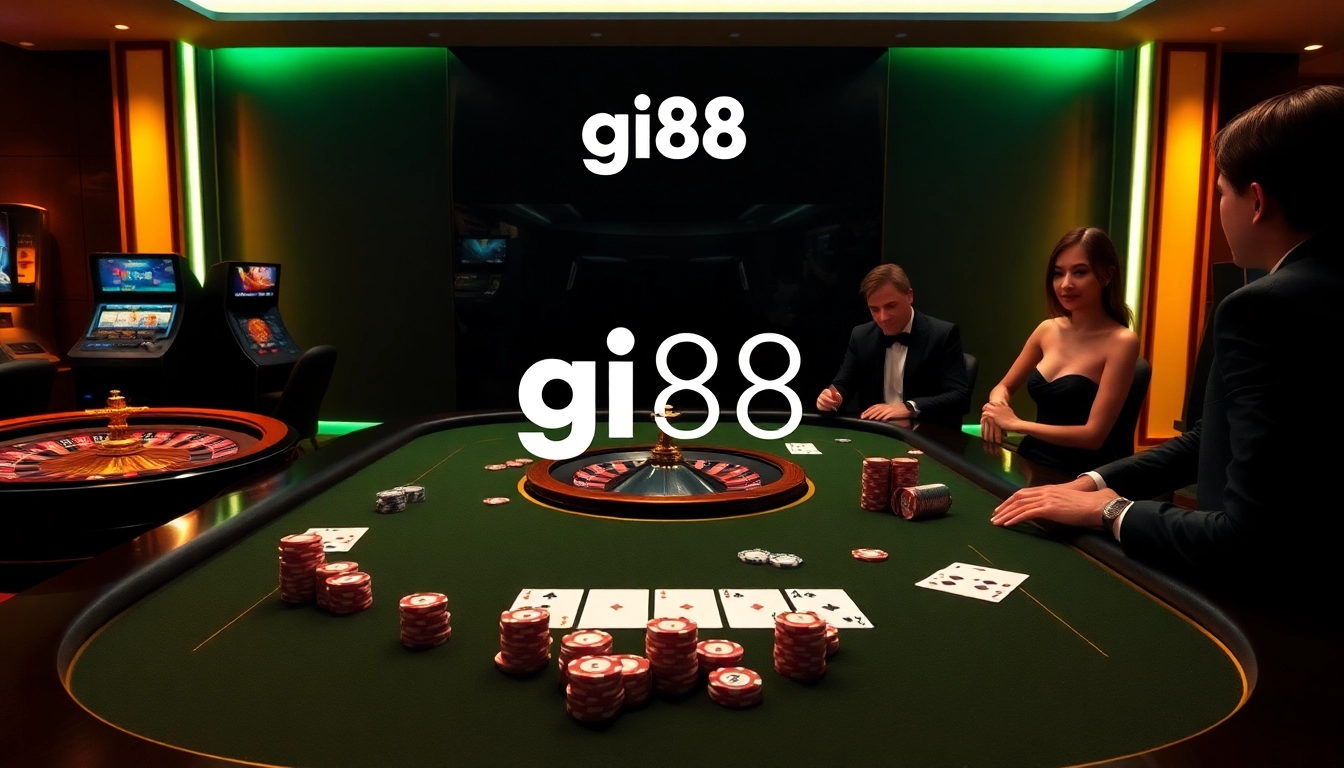 Engaging casino scene with gi88 branding, showcasing table games and an elegant atmosphere.