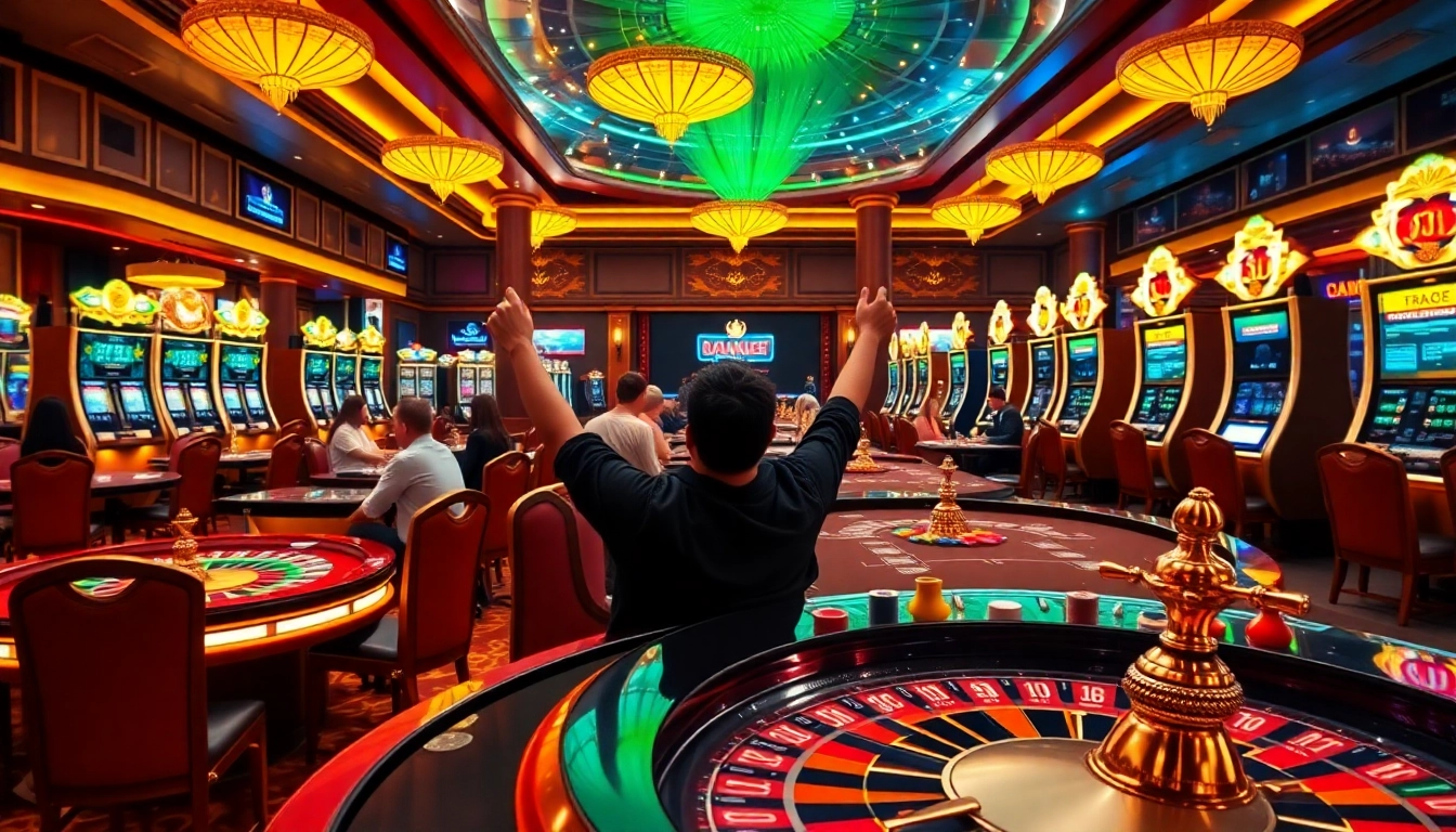 Excited player celebrating a win at 88vv casino with vibrant slot machines and poker tables.