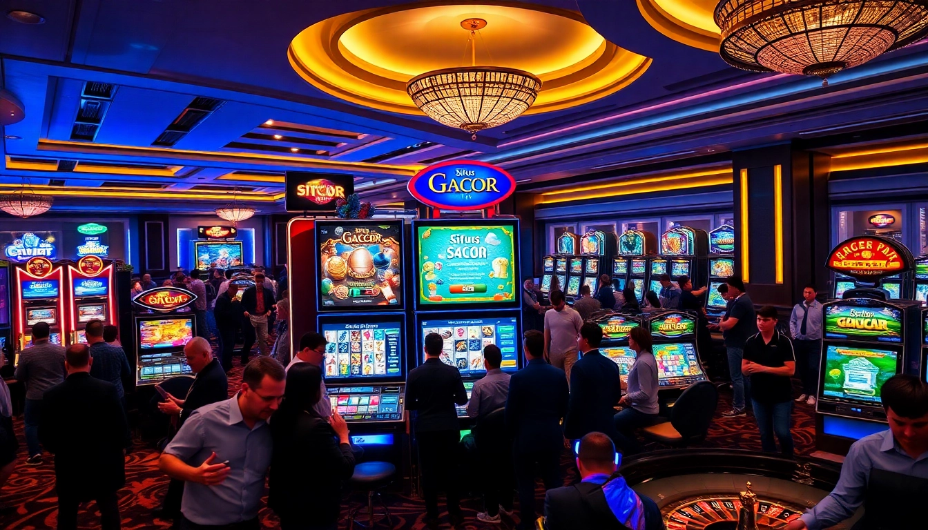 Engaging players at Situs Gacor enjoying high-stakes slot games in a vibrant casino atmosphere.