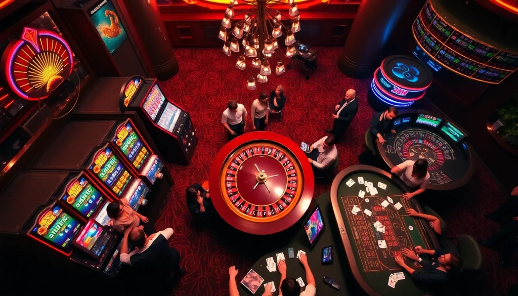 Winning at 789win casino with vibrant lights and engaging gambling tables.