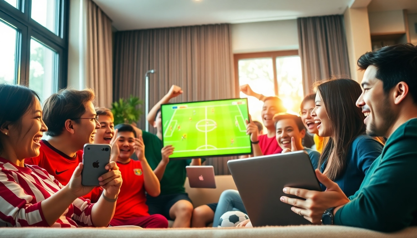 Fans enjoying live football on Luongsontv with vibrant devices and joyful expressions.