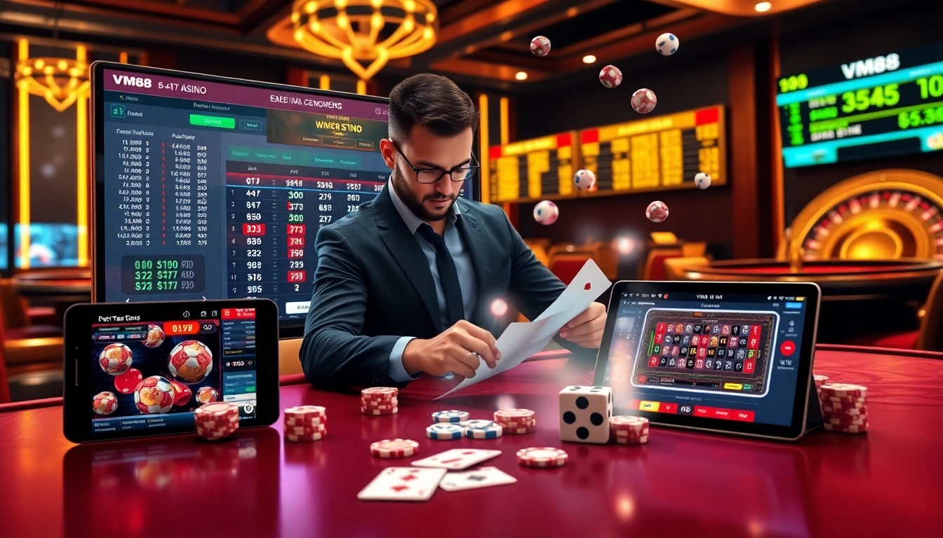 Player engaging with VM88’s advanced online casino interface, strategically placing bets and managing poker chips