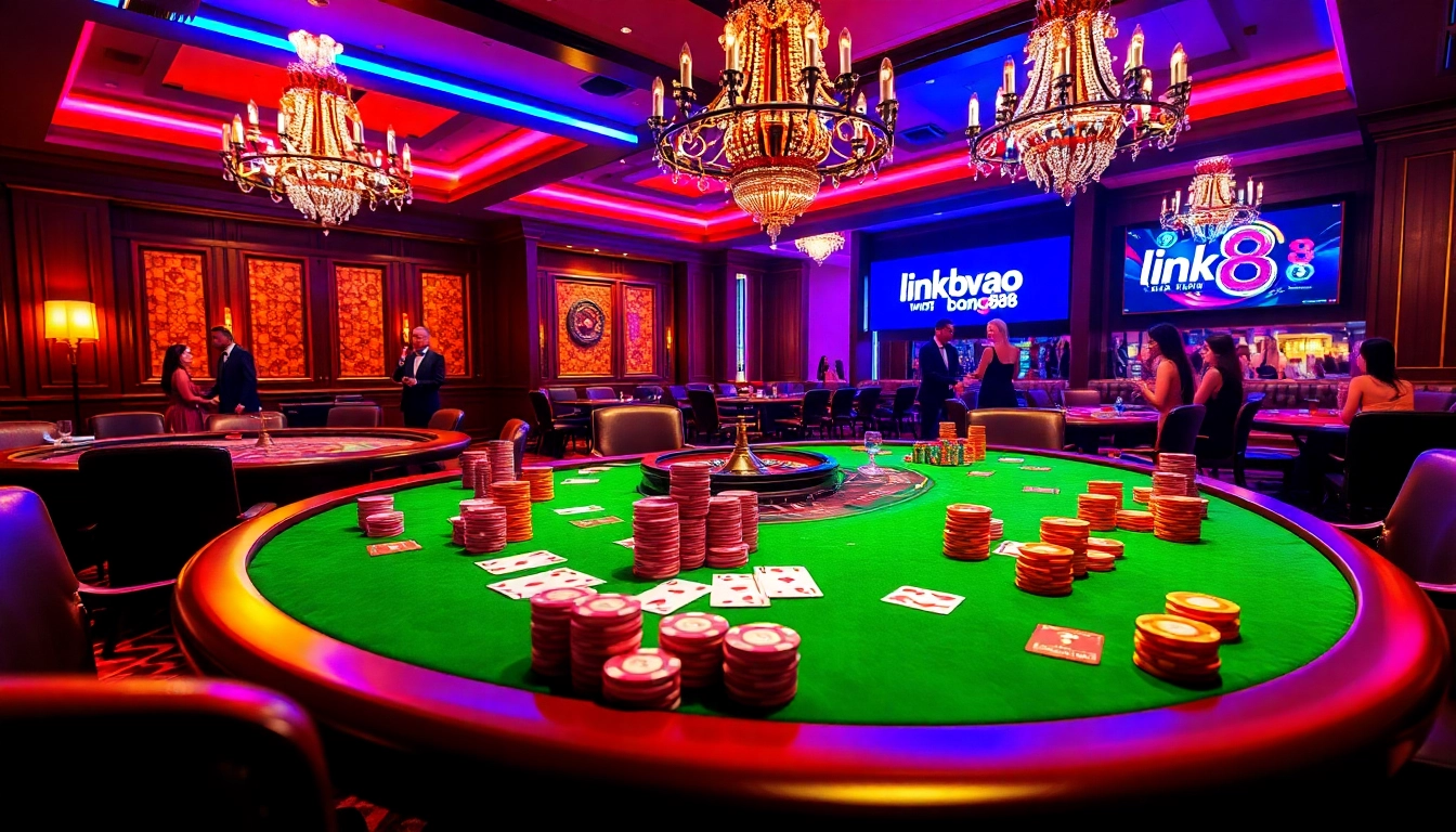 Experience the excitement of link vao bong88 at a luxurious casino with poker tables and roulette wheels.