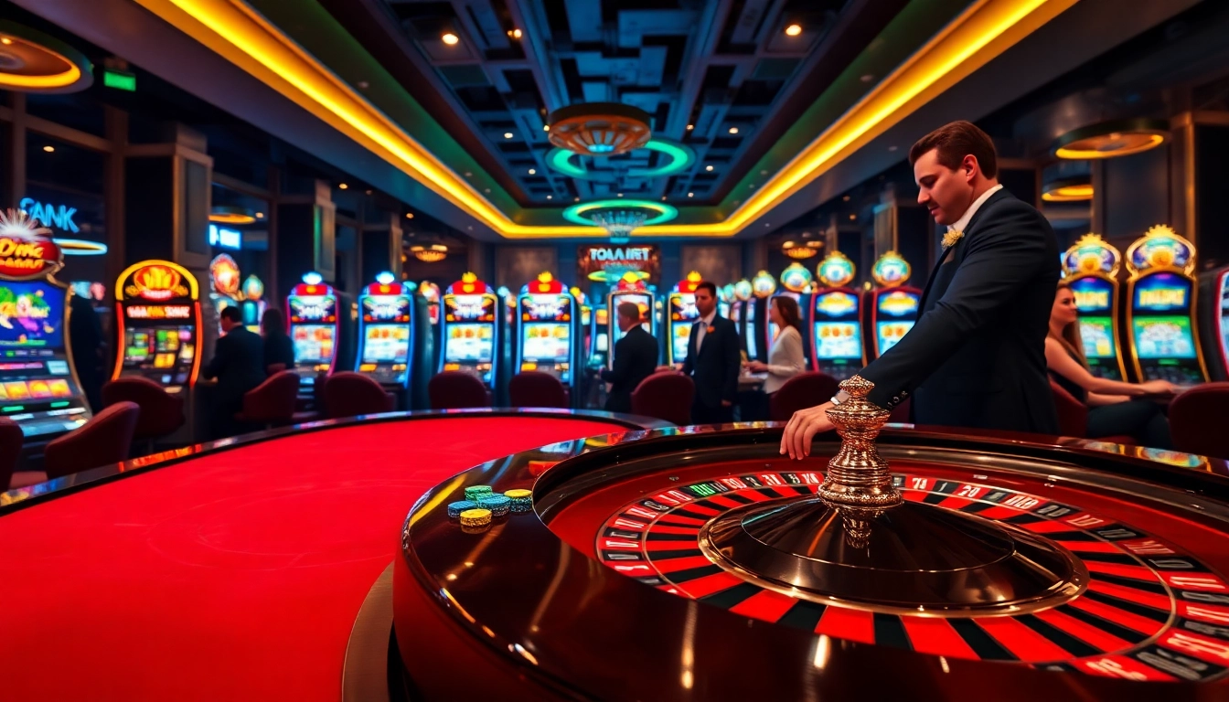 Experience thrilling gameplay at https://thabethome.com/ with professional croupiers at a vibrant roulette table.