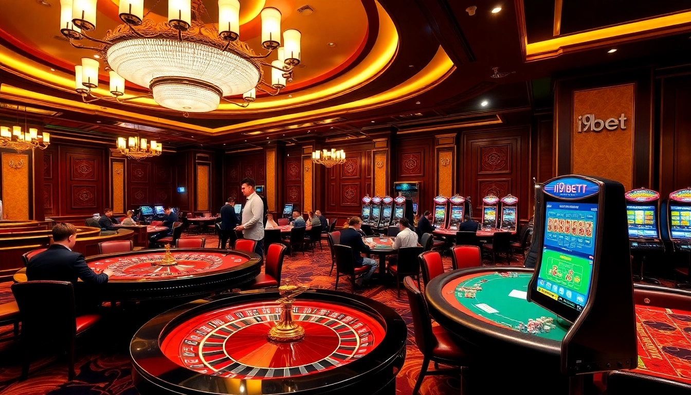 Experience the excitement at i9bet with players enjoying poker and roulette in a luxurious casino setting.