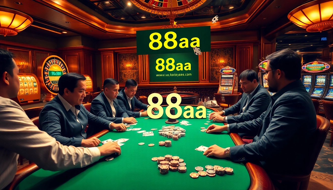 Players enjoy a thrilling game at a luxurious casino table featuring 88aa poker chips.