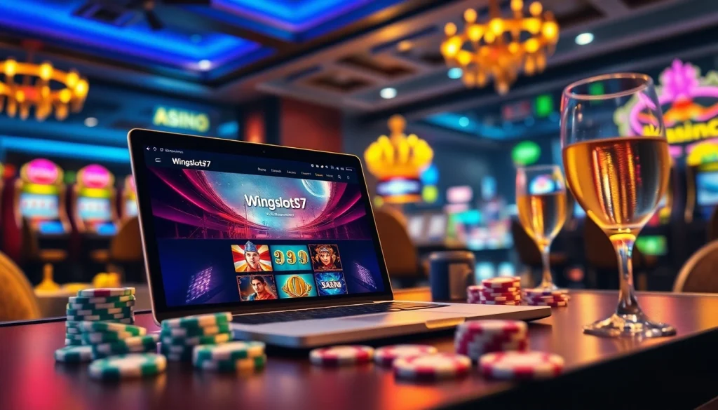 Experience thrilling online gaming with Wingslots77 on a stylish laptop surrounded by vibrant casino elements.