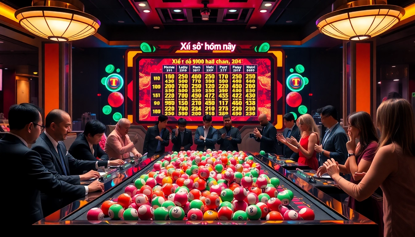 Xổ số hôm nay results displayed as players celebrate wins in a vibrant casino atmosphere.